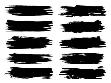 Vektör koleksiyonu ya da sanatsal siyah boya seti, mürekkep ya da akrilik el, grunge ya da grungy art olarak beyaza izole edilmiş yaratıcı fırça darbeleri, eğitim soyut unsurlar çerçeve tasarımı