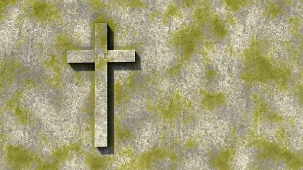概念或概念绿色的石头交叉在一个古老的黑色石头背景 3D比喻上帝 基督教 信仰或复活 — 图库照片