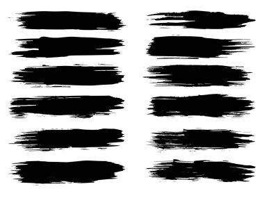 Vektör koleksiyonu ya da sanatsal siyah boya seti, mürekkep ya da akrilik el, grunge ya da grungy art olarak beyaza izole edilmiş yaratıcı fırça darbeleri, eğitim soyut unsurlar çerçeve tasarımı