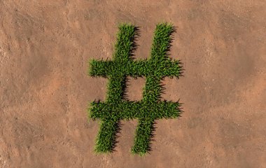 Kavramsal yeşil çimen sembolü kahverengi toprak veya toprak zemin üzerinde, hashtag işareti. Doğa, koruma, organik, büyüme, çevre, ekoloji, ilkbahar için 3d resim metaforu
