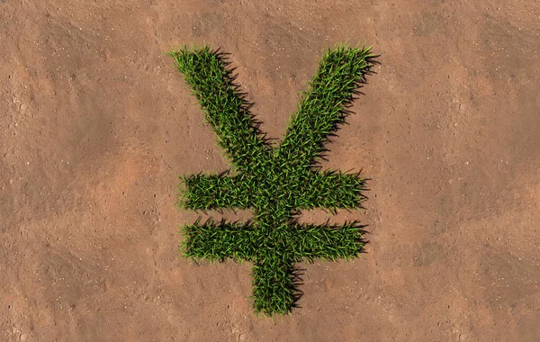 概念绿色夏季草坪草的象征形状在褐土或泥土背景上 日元符号 3D自然 春天的隐喻 — 图库照片