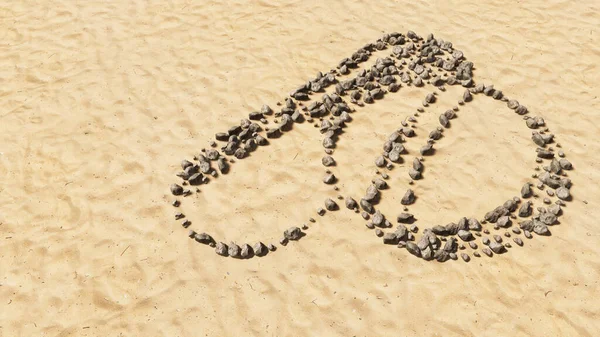 概念概念性石头上的海滩沙土手工制成的符号形状 金砂背景 药丸治疗的标志 制药行业的3D隐喻 — 图库照片