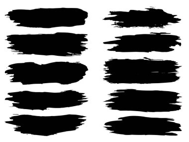 Vektör koleksiyonu ya da sanatsal siyah boya seti, mürekkep ya da akrilik el, grunge ya da grungy art olarak beyaza izole edilmiş yaratıcı fırça darbeleri, eğitim soyut unsurlar çerçeve tasarımı