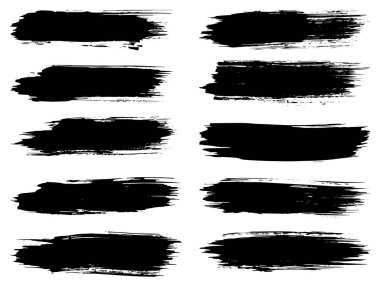Vektör koleksiyonu ya da sanatsal siyah boya seti, mürekkep ya da akrilik el, grunge ya da grungy art olarak beyaza izole edilmiş yaratıcı fırça darbeleri, eğitim soyut unsurlar çerçeve tasarımı