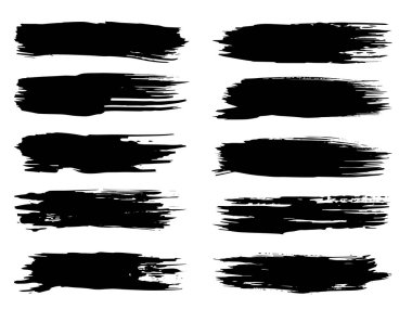 Vektör koleksiyonu ya da sanatsal siyah boya seti, mürekkep ya da akrilik el, grunge ya da grungy art olarak beyaza izole edilmiş yaratıcı fırça darbeleri, eğitim soyut unsurlar çerçeve tasarımı