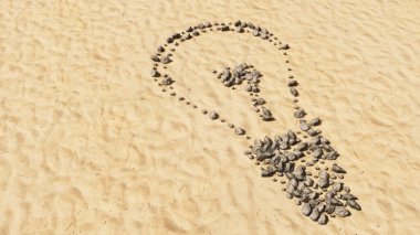 Kumsaldaki kavramsal taşlar el yapımı sembol şekli, altın kumlu arka plan, ampul işareti. İlham, beyin fırtınası, icat, enerji tasarrufu, elektrik için 3D resim metaforu