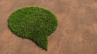 Kavramsal yeşil çimen sembolü kahverengi toprak ya da toprak arka planında, yalvaran bulut işareti. 3 boyutlu iletişim metaforu, çevrimiçi konuşma, sohbet, internet tartışması