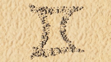 Kumsaldaki kavramsal taşlar el yapımı sembol şekli, altın kumlu arka plan, gemini burç işareti. Ezoterik, mistik, astrolojinin öngörü gücü için 3D çizim sembolü