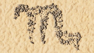 Kumsaldaki kavramsal taşlar el yapımı sembol şekli, altın kumlu arka plan, akrep burcu işareti. Ezoterik, mistik, astrolojinin öngörü gücü için 3D çizim sembolü