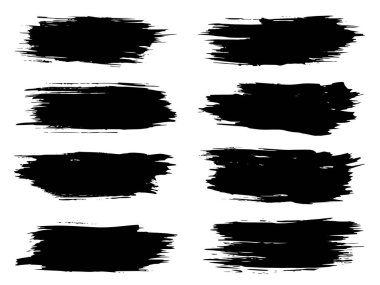 Vektör koleksiyonu ya da sanatsal siyah boya seti, mürekkep ya da akrilik el, grunge ya da grungy art olarak beyaza izole edilmiş yaratıcı fırça darbeleri, eğitim soyut unsurlar çerçeve tasarımı