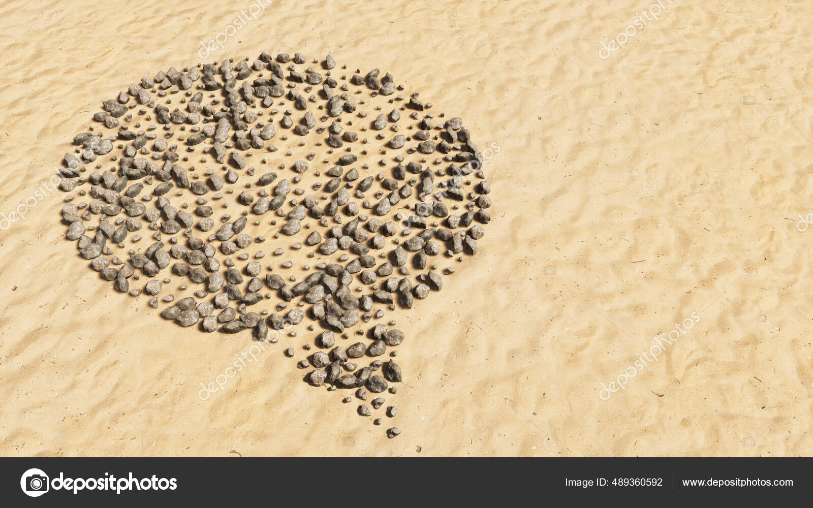 ビーチの砂の手作りのシンボル形状 黄金の砂の背景 雲の記号上の概念的な石 コミュニケーション オンライン会話 チャット インターネット ディスカッションのための3dイラスト比喩 ストック写真 C Design36