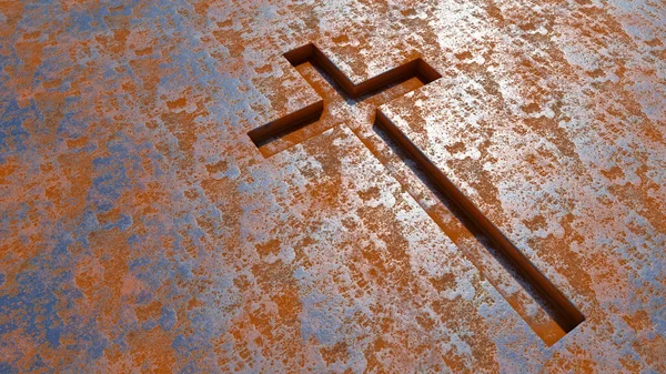 Concept Conceptual Metal Cross Rusted Corroded Metal Steel Sheet Background — Stock Photo, Image