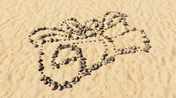 Begreppsmässiga Stenar Stranden Sand Handgjorda Symbol Form Gyllene Sandig Bakgrund — Stockfoto