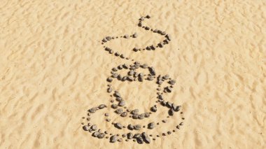 Kumsalda el yapımı el yapımı sembol şeklinde kavramsal taşlar, altın kumlu arka plan, bir fincan sıcak kahve, kapuçino veya espresso işareti. Sabahın, restoranın, molasının ya da enerjinin 3 boyutlu metaforu