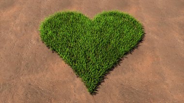 Kavramsal yeşil çimen sembolü kahverengi toprak ya da toprak zemin üzerinde, kalp işareti. Aşk, romantizm, sevgililer günü, mutluluk, düğün, sağlık ya da bakım için üç boyutlu bir metafor