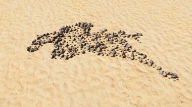 Kumsaldaki kavramsal taşlar el yapımı sembol şeklinde, altın kumlu arka plan, at binicisinin işareti. Spor, rekabet, eğitim, gevşeme, hobi ve eğlence için 3d illüstrasyon metaforu