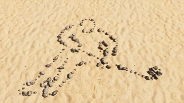 Sahildeki kavramsal taşlar el yapımı semboller, altın kumlu arka plan, hokey oyuncusu işareti. Spor, rekabet, eğitim, hız, güç ve güç için üç boyutlu bir örnekleme metaforu