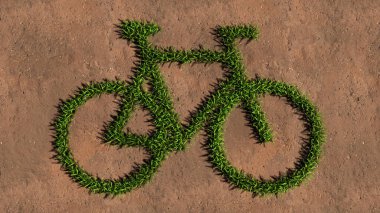 Kavramsal yeşil çimen sembolü kahverengi toprak veya toprak zemin üzerinde, bisiklet işareti. Rekreasyon, sağlık, spor, ekolojik ulaşım veya iş için üç boyutlu bir örnekleme metaforu