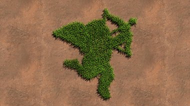 Kavramsal yeşil çimen sembolü kahverengi toprak ya da toprak zemin üzerinde, ok ile bebek aşk tanrısının işareti. 3D resim metaforu aşk, aşk, sevgililer günü ve mutluluk.