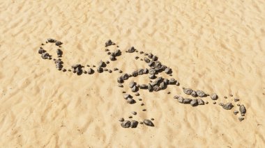 Kumsaldaki kavramsal taşlar el yapımı sembol şekli, altın kumlu arka plan, tenis oyuncusu işareti. Spor, rekabet, eğitim, rahatlama, aile ve eğlence için üç boyutlu bir metafor