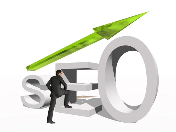 Zakenman permanent over een seo-symbool — Stockfoto