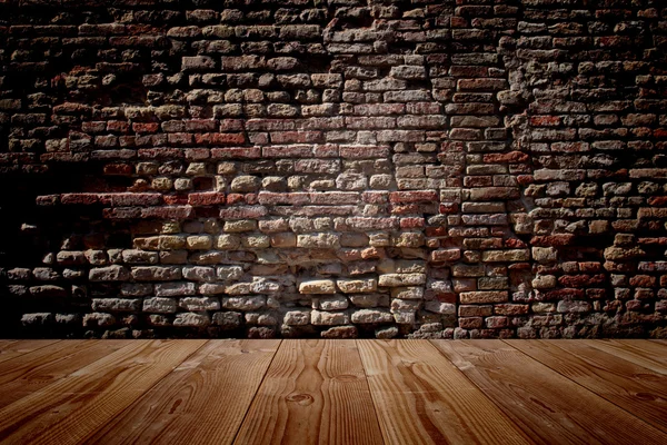 Wooden old  floor and brick wall — Stock Photo, Image