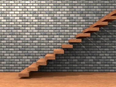 Yakınındaki bir tuğla duvar ahşap merdiven