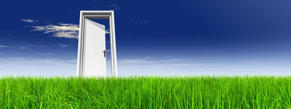 Grass over a blue sky banner background, a opened door at horizon — Stock Photo, Image