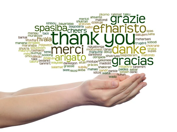 Thank you word cloud held in hands in different languages — Stock Photo, Image