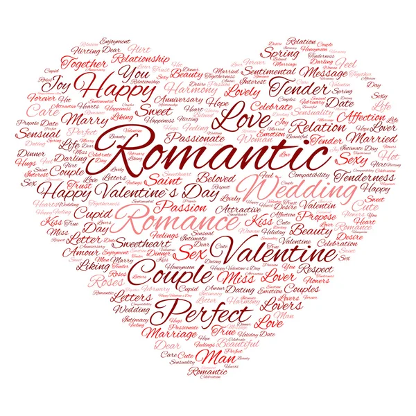 Kırmızı aşk ya da Sevgililer günü wordcloud metin kalp şeklinde — Stok fotoğraf