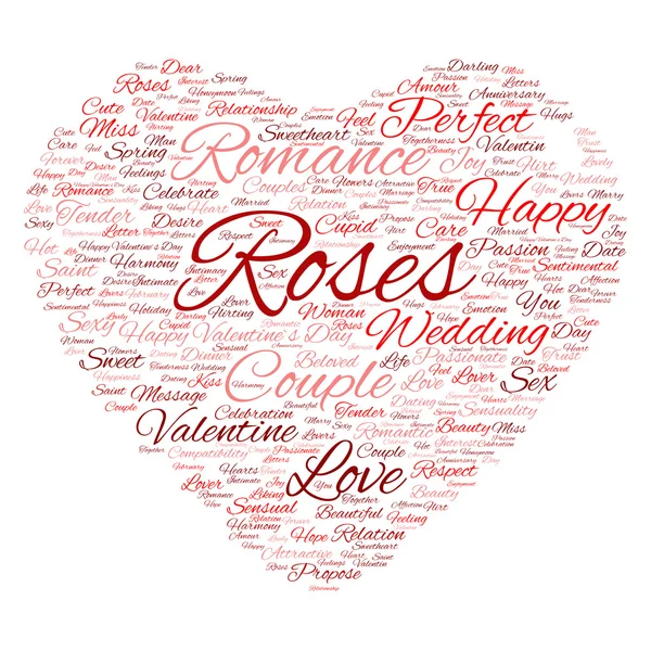 Rode liefde of de dag van Valentijnskaarten wordcloud tekst in de vorm van hart — Stockfoto