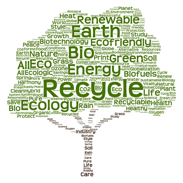 Árbol hecho de ecología, reciclaje o texto energético como wordcloud — Foto de Stock