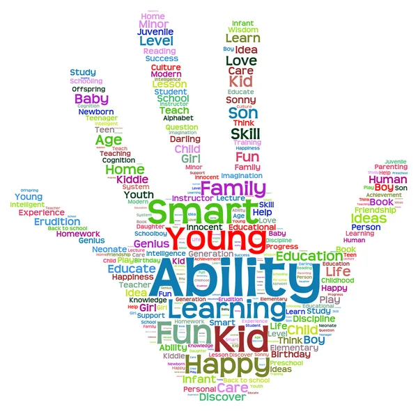 Kind onderwijs abstracte hand afdrukken word cloud — Stockfoto