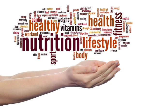Здоровье, питание или диета облако слов в руке человека — стоковое фото