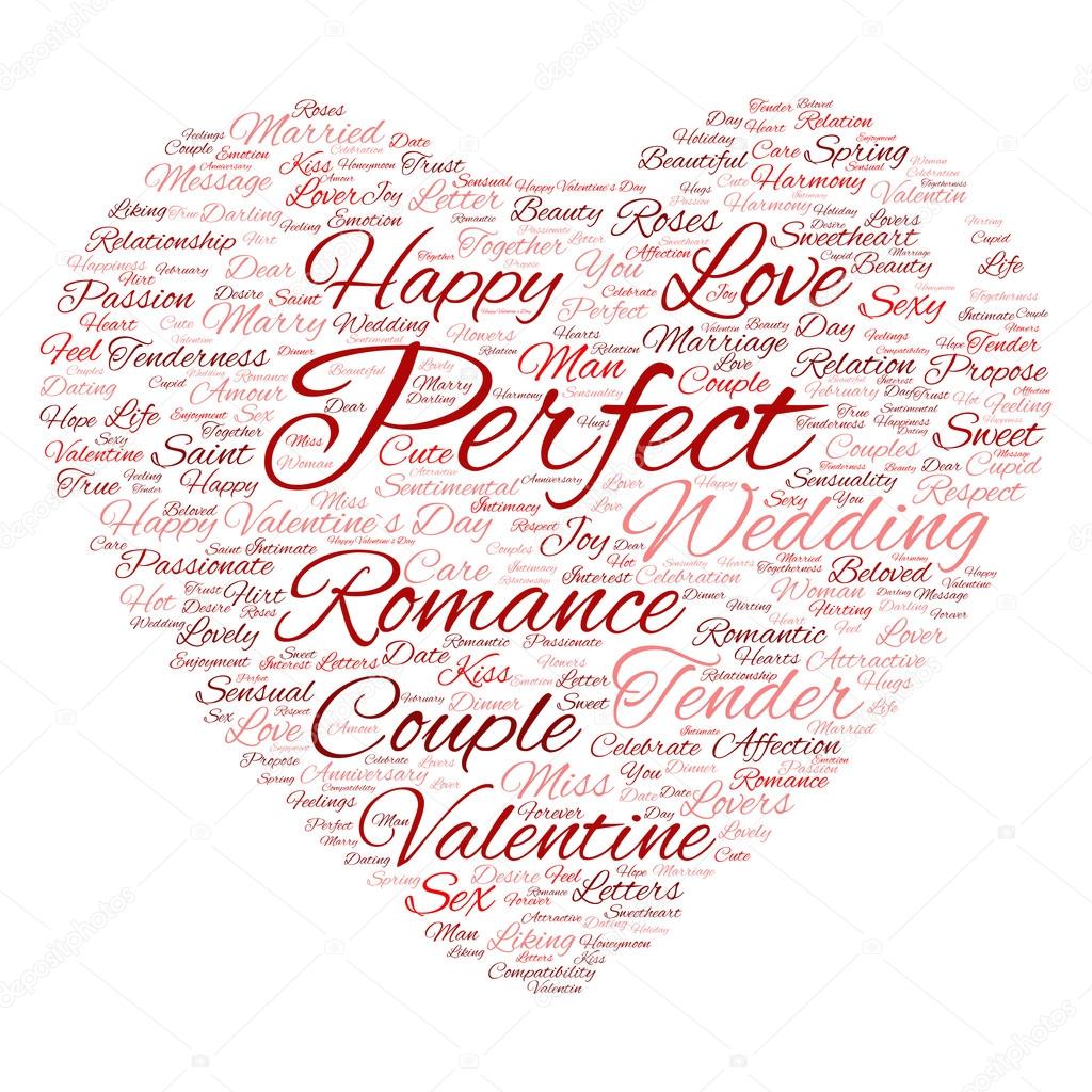 red love or Valentines Day wordcloud text in shape of heart