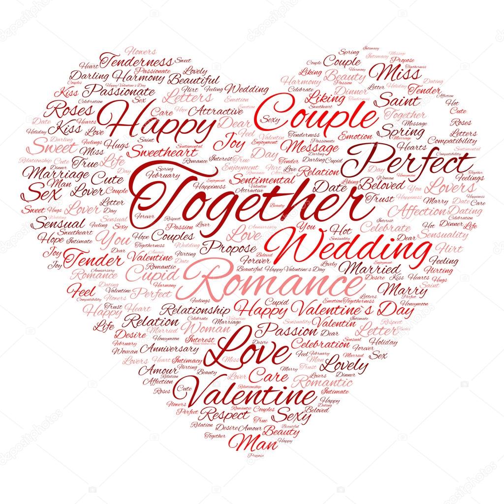 red love or Valentines Day wordcloud text in shape of heart