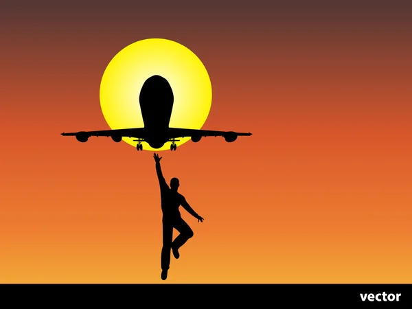 Sylwetka z samolotu na zachodzie słońca — Wektor stockowy