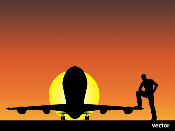 Silhouette uomo con aereo — Vettoriale Stock