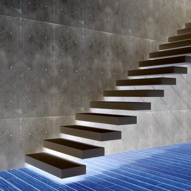 conceptual black stone  steps near a wall background with wood floor