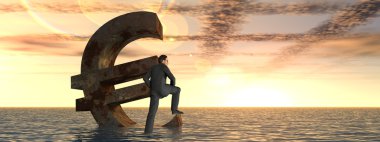 conceptual currency euro symbol and 3D businessman sinking in ocean as a concept for European crisis banner