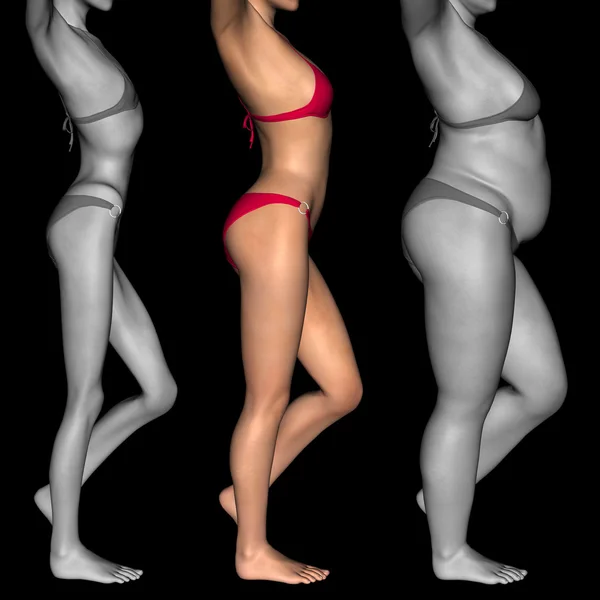 Flicka som fett, övervikt vs passar frisk, mager underviktig anorektiska kvinnliga befor och efter kost — Stockfoto