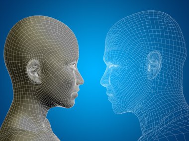 mesh human male and female head on blue gradient background