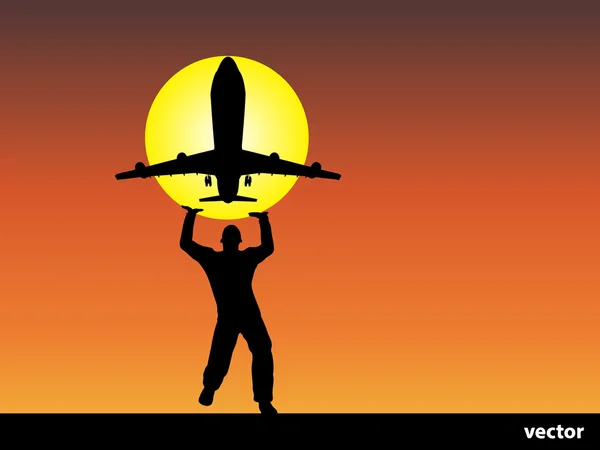 Sylwetka człowieka z samolotu na zachodzie słońca — Wektor stockowy