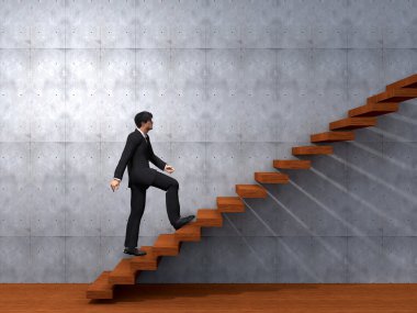 Kavram ya da kavramsal 3d adam ya da bir merdiven veya yakınındaki bir duvar arka plan adımları tırmanma işadamı
