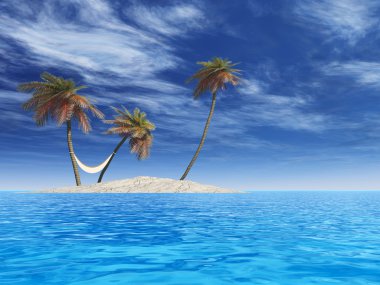 Yüksek çözünürlüklü kavram ya da kavramsal izole egzotik ada bir hamak ve kum deniz ya da okyanus mavi gökyüzü arka plan beyaz bulutlar ile üzerinde palmiye ağaçları ile