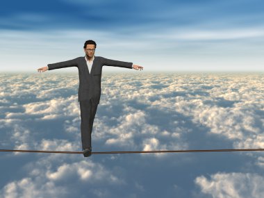 3d işadamı veya kriz dengede ipi bulutlar gökyüzü arka plan üzerinde yürüyen adam kavramsal kavramı