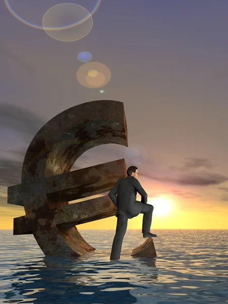 Simbolul monedei euro conceptuale de înaltă rezoluție și omul de afaceri 3D se scufundă în ocean ca un concept pentru criza europeană — Fotografie, imagine de stoc