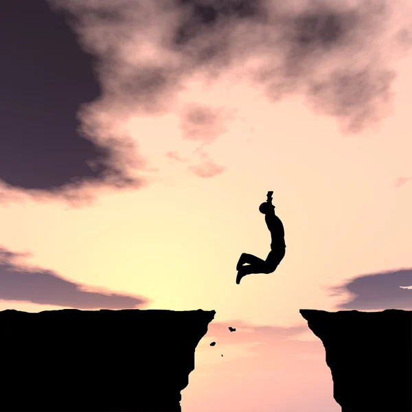 Koncept eller begreppsmässig ung man eller affärsman siluett hoppa glad från klippa över klyftan solnedgången eller sunrise himmel bakgrund — Stockfoto
