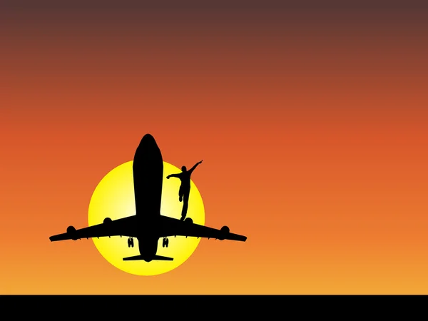 Concept or conceptual black plane,airplane aircraft silhouette flying over sky at sunset — Zdjęcie stockowe