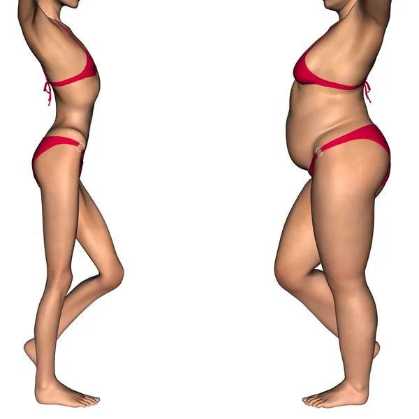 Sobrepeso vs ajuste saudável, menina magra — Fotografia de Stock